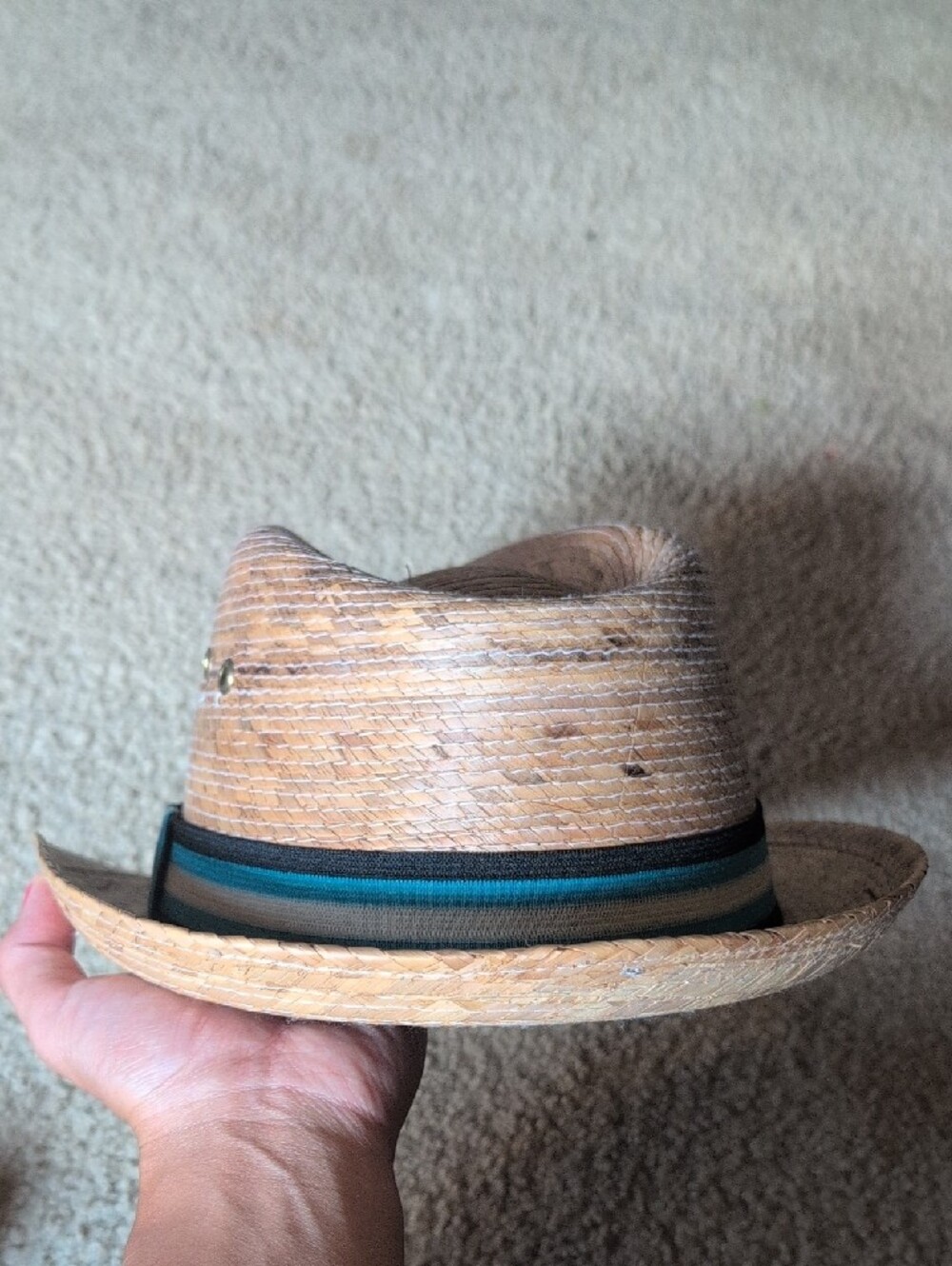 Striped Band Straw Fedora Hat - Natural with Blue Accent - Picture 4 of 7